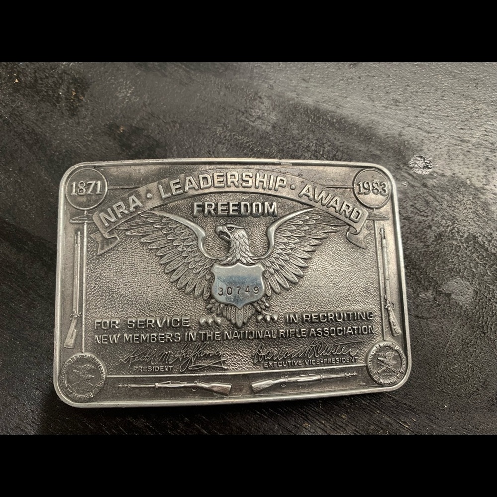 NRA Leadership Award Silver Belt Buckle 1871-1983 Eagle National Rifle Assoc